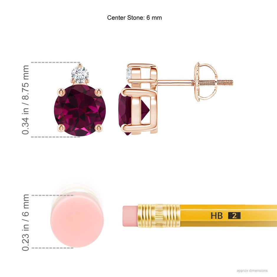 6mm AAA Basket-Set Round Rhodolite Stud Earrings with Diamond in Rose Gold ruler