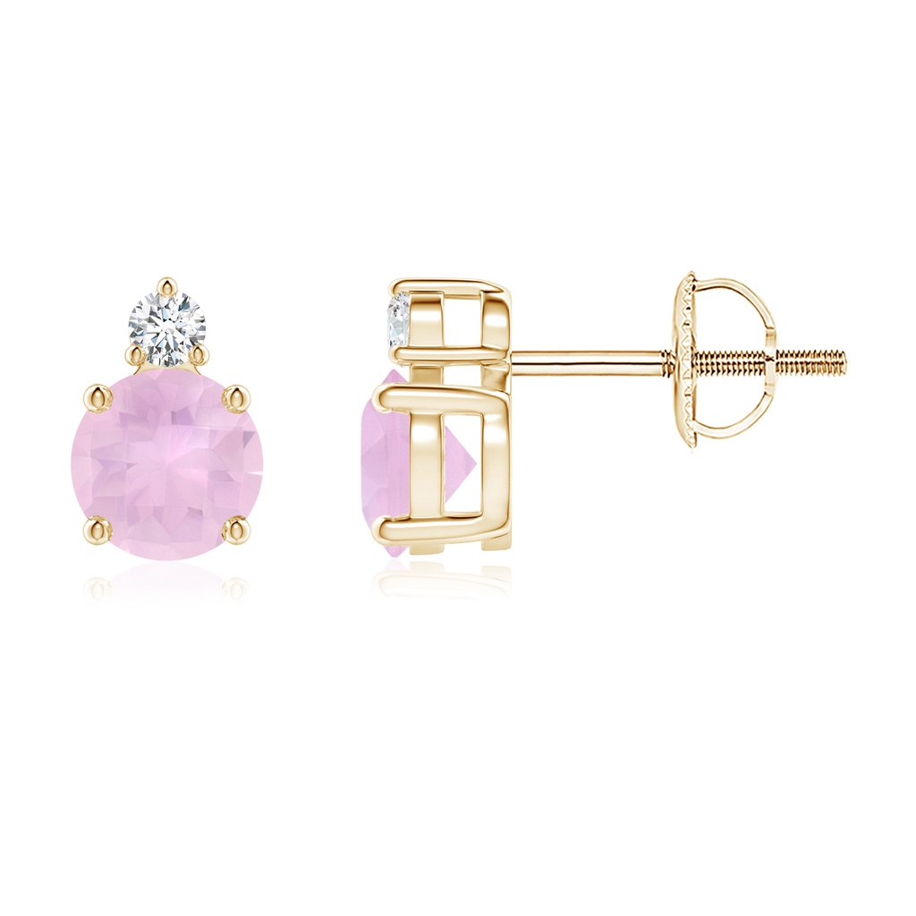 5mm AAAA Basket-Set Round Rose Quartz Stud Earrings with Diamond in Yellow Gold