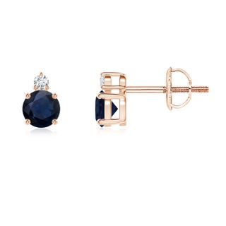 4mm A Basket-Set Round Blue Sapphire Stud Earrings with Diamond in Rose Gold