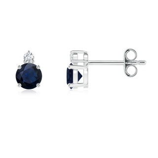 4mm A Basket-Set Round Blue Sapphire Stud Earrings with Diamond in S999 Silver