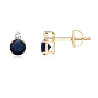 4mm A Basket-Set Round Blue Sapphire Stud Earrings with Diamond in Yellow Gold