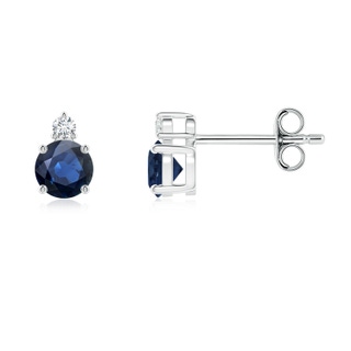 4mm AA Basket-Set Round Blue Sapphire Stud Earrings with Diamond in S999 Silver