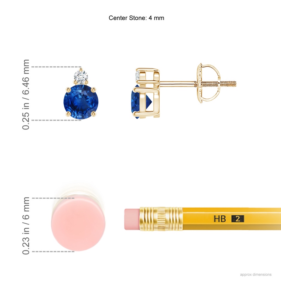 4mm AAA Basket-Set Round Blue Sapphire Stud Earrings with Diamond in 18K Yellow Gold ruler