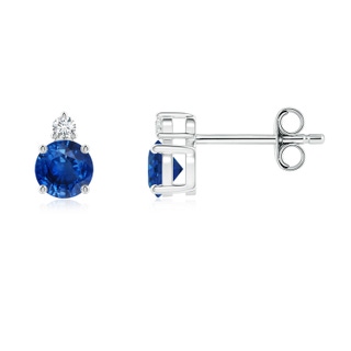 4mm AAA Basket-Set Round Blue Sapphire Stud Earrings with Diamond in S999 Silver