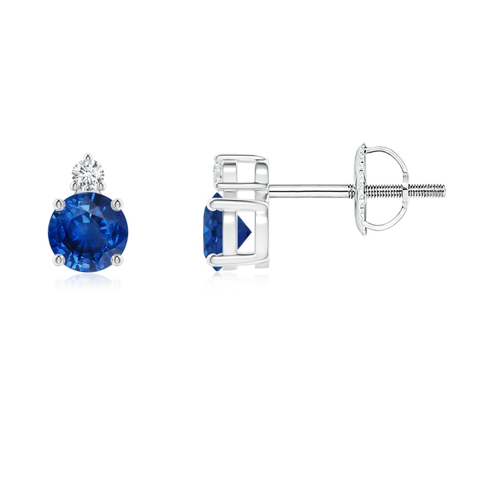 4mm AAA Basket-Set Round Blue Sapphire Stud Earrings with Diamond in White Gold 