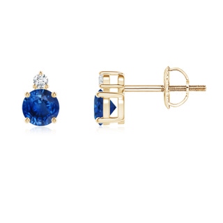 4mm AAA Basket-Set Round Blue Sapphire Stud Earrings with Diamond in Yellow Gold