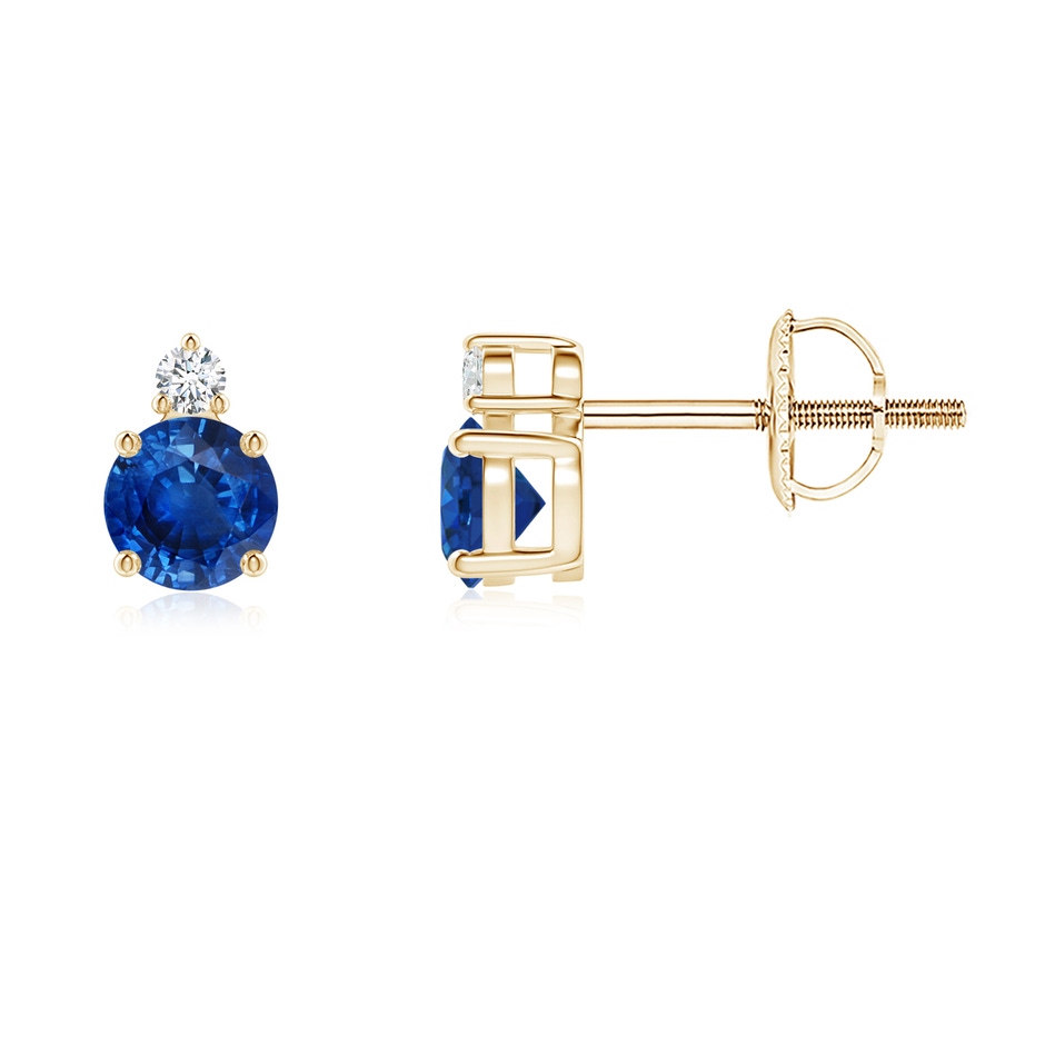 4mm AAA Basket-Set Round Blue Sapphire Stud Earrings with Diamond in Yellow Gold 