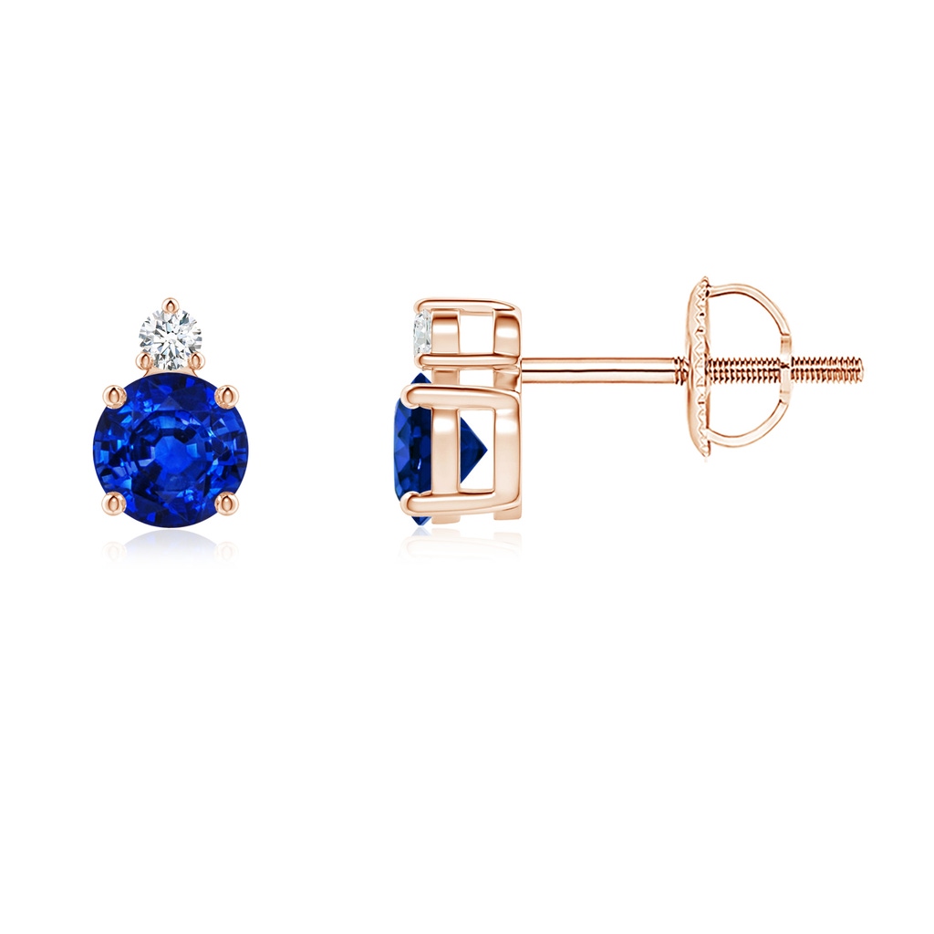 4mm AAAA Basket-Set Round Blue Sapphire Stud Earrings with Diamond in Rose Gold