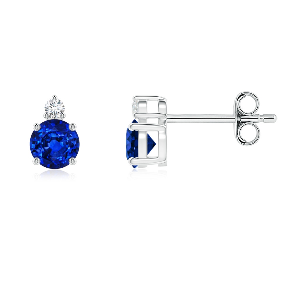 4mm AAAA Basket-Set Round Blue Sapphire Stud Earrings with Diamond in S999 Silver