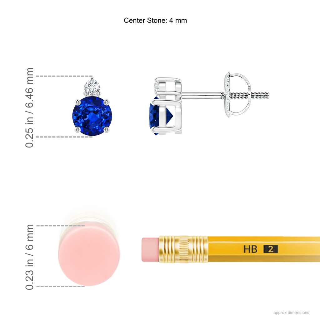 4mm AAAA Basket-Set Round Blue Sapphire Stud Earrings with Diamond in White Gold Ruler