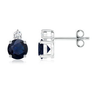 5mm A Basket-Set Round Blue Sapphire Stud Earrings with Diamond in S999 Silver