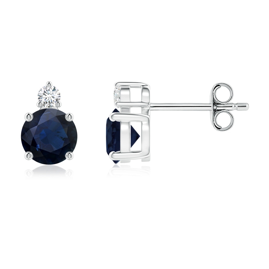 5mm A Basket-Set Round Blue Sapphire Stud Earrings with Diamond in S999 Silver 