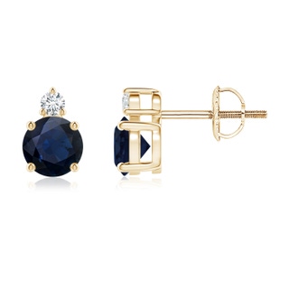 5mm A Basket-Set Round Blue Sapphire Stud Earrings with Diamond in Yellow Gold