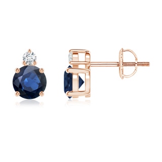 5mm AA Basket-Set Round Blue Sapphire Stud Earrings with Diamond in Rose Gold