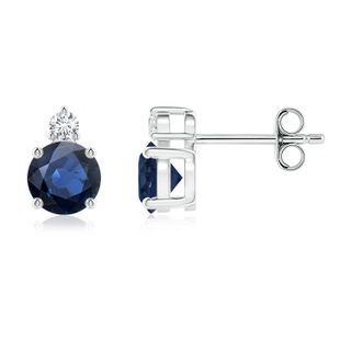5mm AA Basket-Set Round Blue Sapphire Stud Earrings with Diamond in S999 Silver