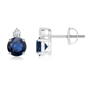 5mm AA Basket-Set Round Blue Sapphire Stud Earrings with Diamond in White Gold