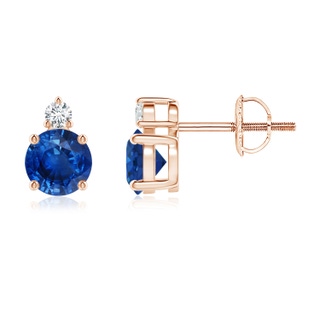 5mm AAA Basket-Set Round Blue Sapphire Stud Earrings with Diamond in Rose Gold