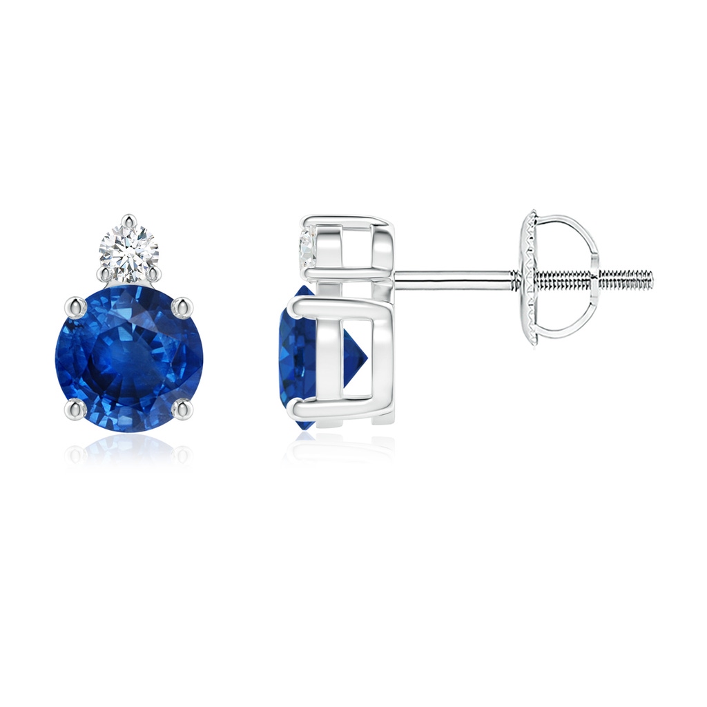 5mm AAA Basket-Set Round Blue Sapphire Stud Earrings with Diamond in White Gold