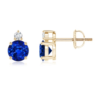 5mm AAAA Basket-Set Round Blue Sapphire Stud Earrings with Diamond in Yellow Gold