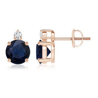6mm A Basket-Set Round Blue Sapphire Stud Earrings with Diamond in Rose Gold