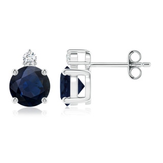 6mm A Basket-Set Round Blue Sapphire Stud Earrings with Diamond in S999 Silver
