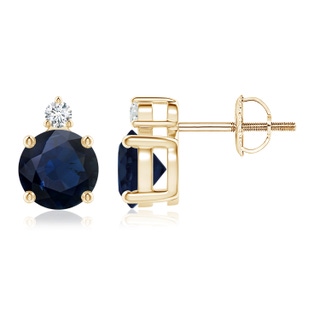 6mm A Basket-Set Round Blue Sapphire Stud Earrings with Diamond in Yellow Gold