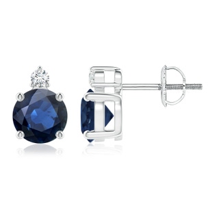 6mm AA Basket-Set Round Blue Sapphire Stud Earrings with Diamond in P950 Platinum