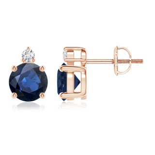 6mm AA Basket-Set Round Blue Sapphire Stud Earrings with Diamond in Rose Gold