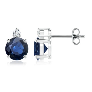 6mm AA Basket-Set Round Blue Sapphire Stud Earrings with Diamond in S999 Silver