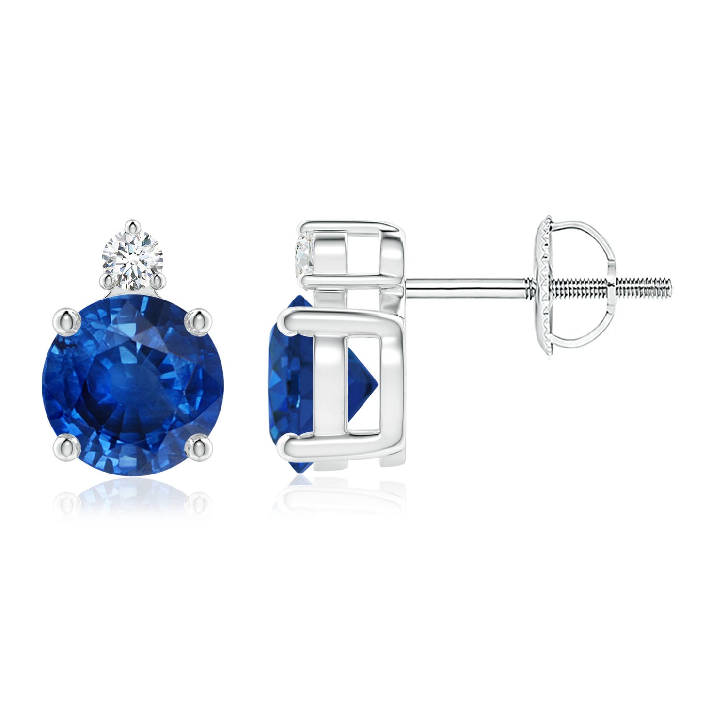 6mm AAA Basket-Set Round Blue Sapphire Stud Earrings with Diamond in 18CT White Gold