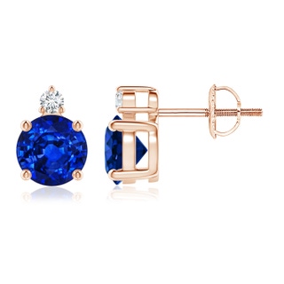 6mm AAAA Basket-Set Round Blue Sapphire Stud Earrings with Diamond in 9K Rose Gold