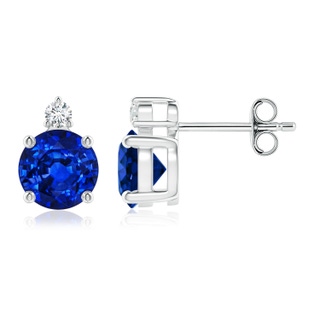 6mm AAAA Basket-Set Round Blue Sapphire Stud Earrings with Diamond in S999 Silver