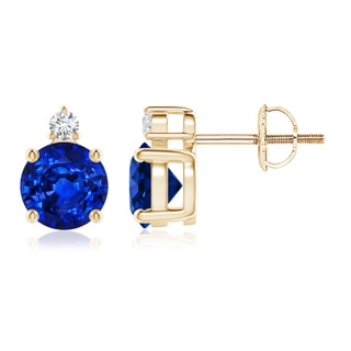6mm AAAA Basket-Set Round Blue Sapphire Stud Earrings with Diamond in Yellow Gold