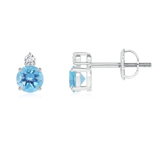 4mm A Basket-Set Round Swiss Blue Topaz Stud Earrings with Diamond in P950 Platinum