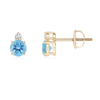 4mm A Basket-Set Round Swiss Blue Topaz Stud Earrings with Diamond in Yellow Gold