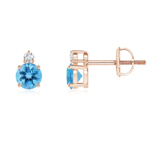 4mm AA Basket-Set Round Swiss Blue Topaz Stud Earrings with Diamond in Rose Gold