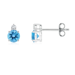 4mm AA Basket-Set Round Swiss Blue Topaz Stud Earrings with Diamond in S999 Silver