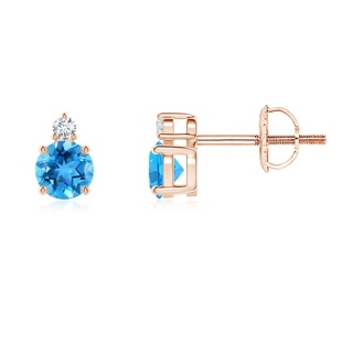 4mm AAA Basket-Set Round Swiss Blue Topaz Stud Earrings with Diamond in Rose Gold