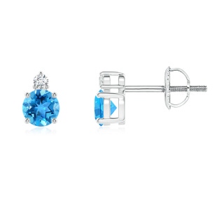 4mm AAA Basket-Set Round Swiss Blue Topaz Stud Earrings with Diamond in White Gold