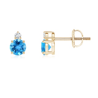 4mm AAA Basket-Set Round Swiss Blue Topaz Stud Earrings with Diamond in Yellow Gold