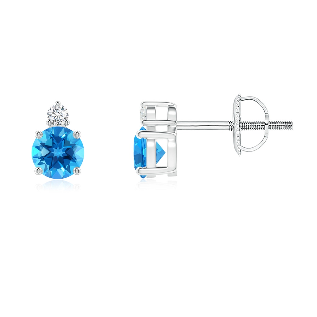 4mm AAAA Basket-Set Round Swiss Blue Topaz Stud Earrings with Diamond in P950 Platinum