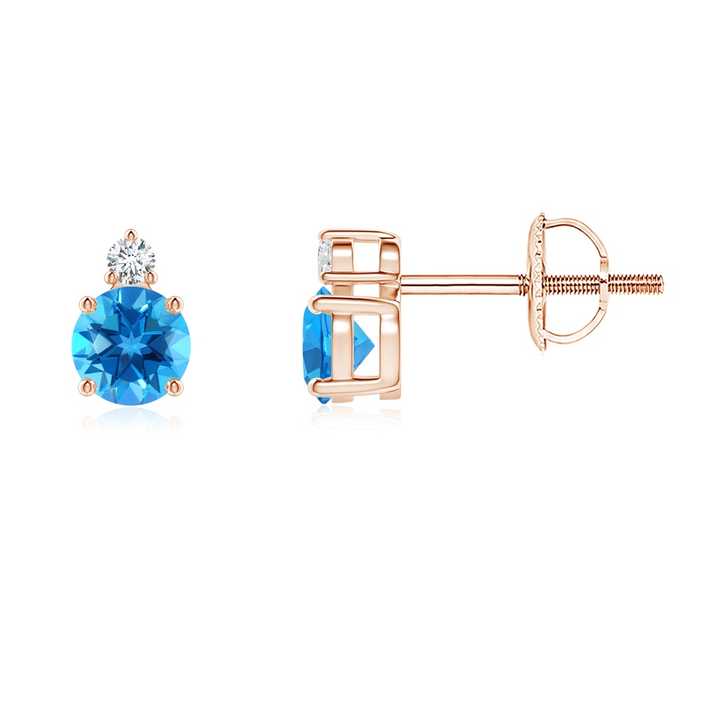 4mm AAAA Basket-Set Round Swiss Blue Topaz Stud Earrings with Diamond in Rose Gold
