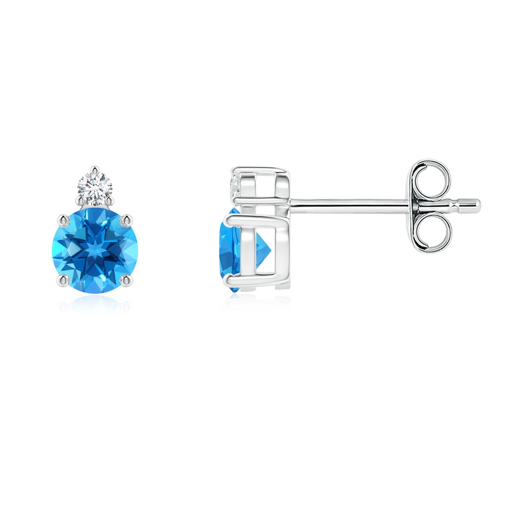 4mm AAAA Basket-Set Round Swiss Blue Topaz Stud Earrings with Diamond in S999 Silver