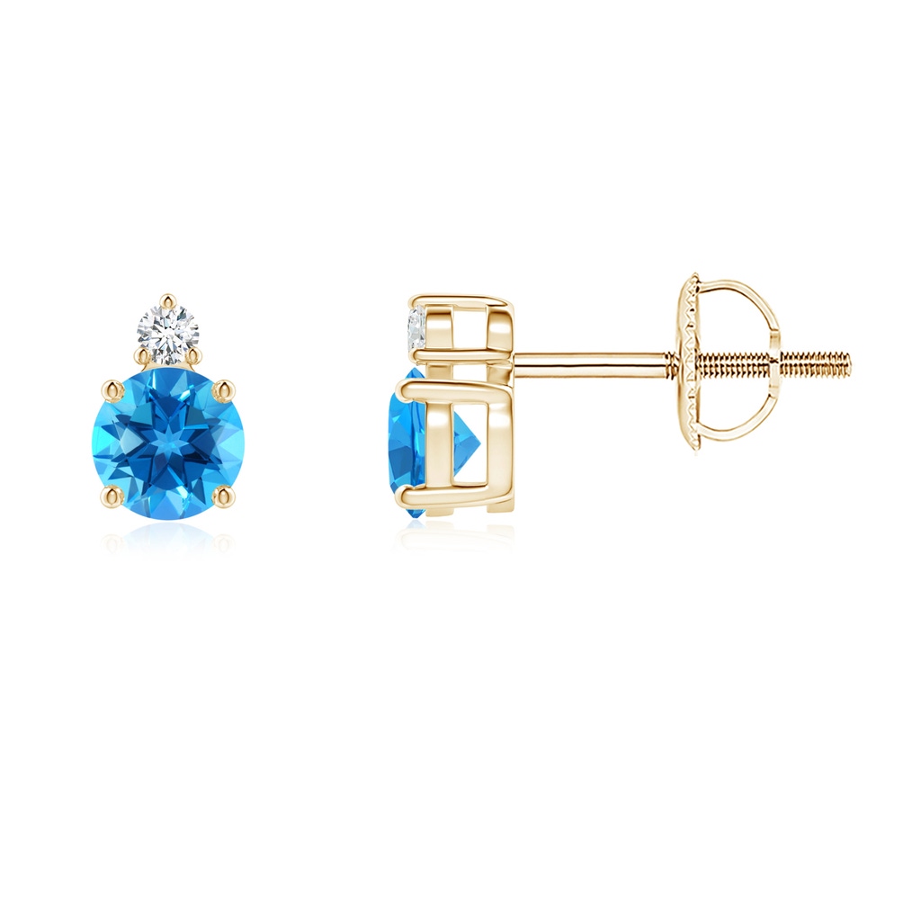 4mm AAAA Basket-Set Round Swiss Blue Topaz Stud Earrings with Diamond in Yellow Gold