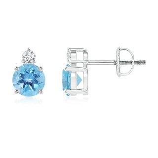 5mm A Basket-Set Round Swiss Blue Topaz Stud Earrings with Diamond in P950 Platinum