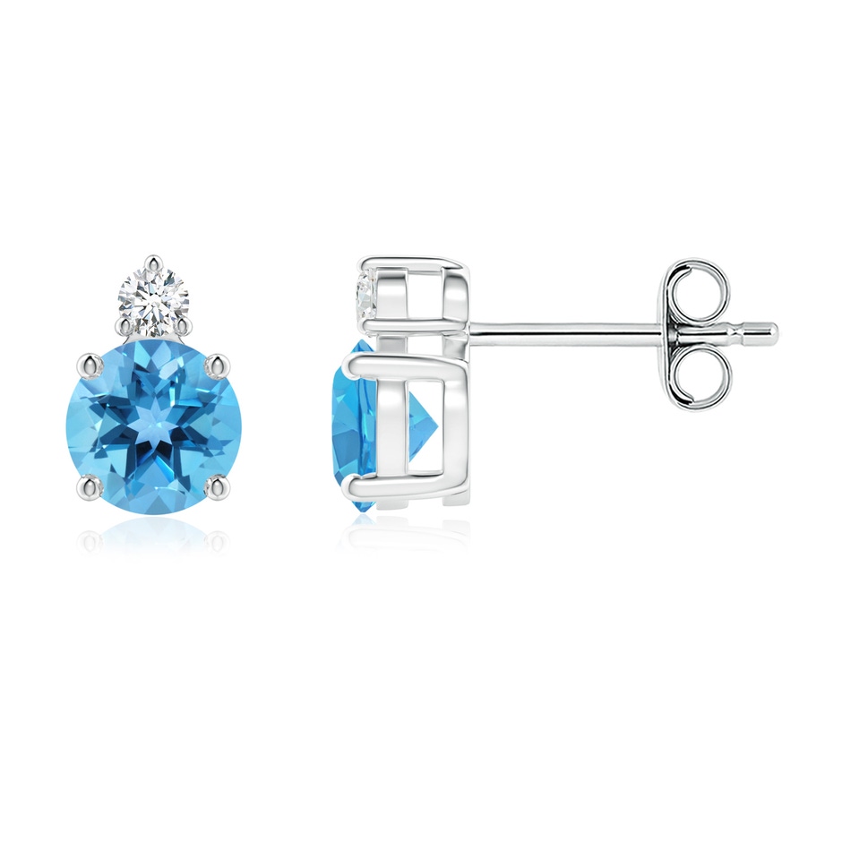 5mm AA Basket-Set Round Swiss Blue Topaz Stud Earrings with Diamond in S999 Silver 