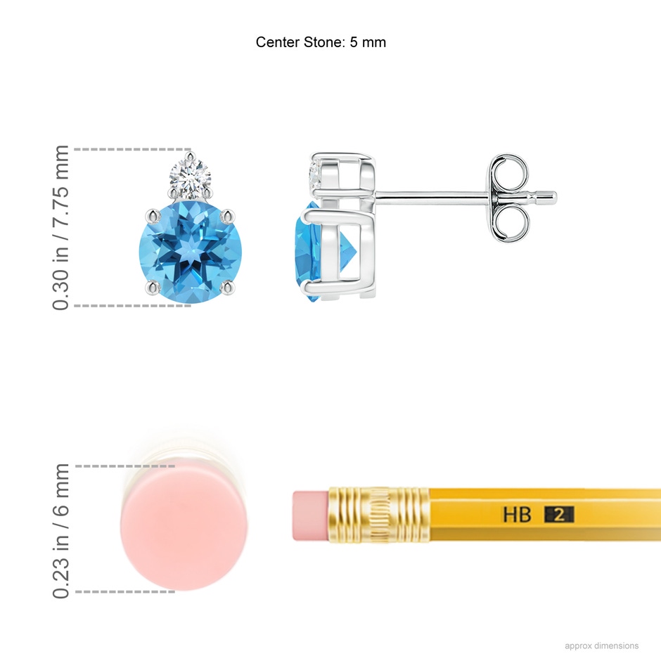 5mm AA Basket-Set Round Swiss Blue Topaz Stud Earrings with Diamond in S999 Silver ruler