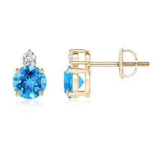 5mm AAA Basket-Set Round Swiss Blue Topaz Stud Earrings with Diamond in Yellow Gold