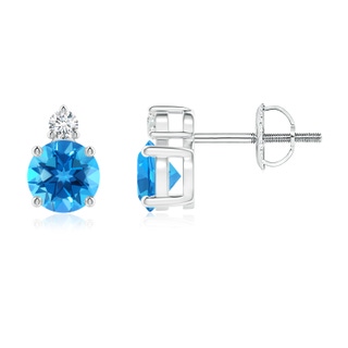 5mm AAAA Basket-Set Round Swiss Blue Topaz Stud Earrings with Diamond in P950 Platinum