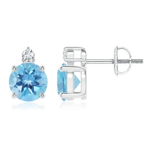 6mm A Basket-Set Round Swiss Blue Topaz Stud Earrings with Diamond in P950 Platinum